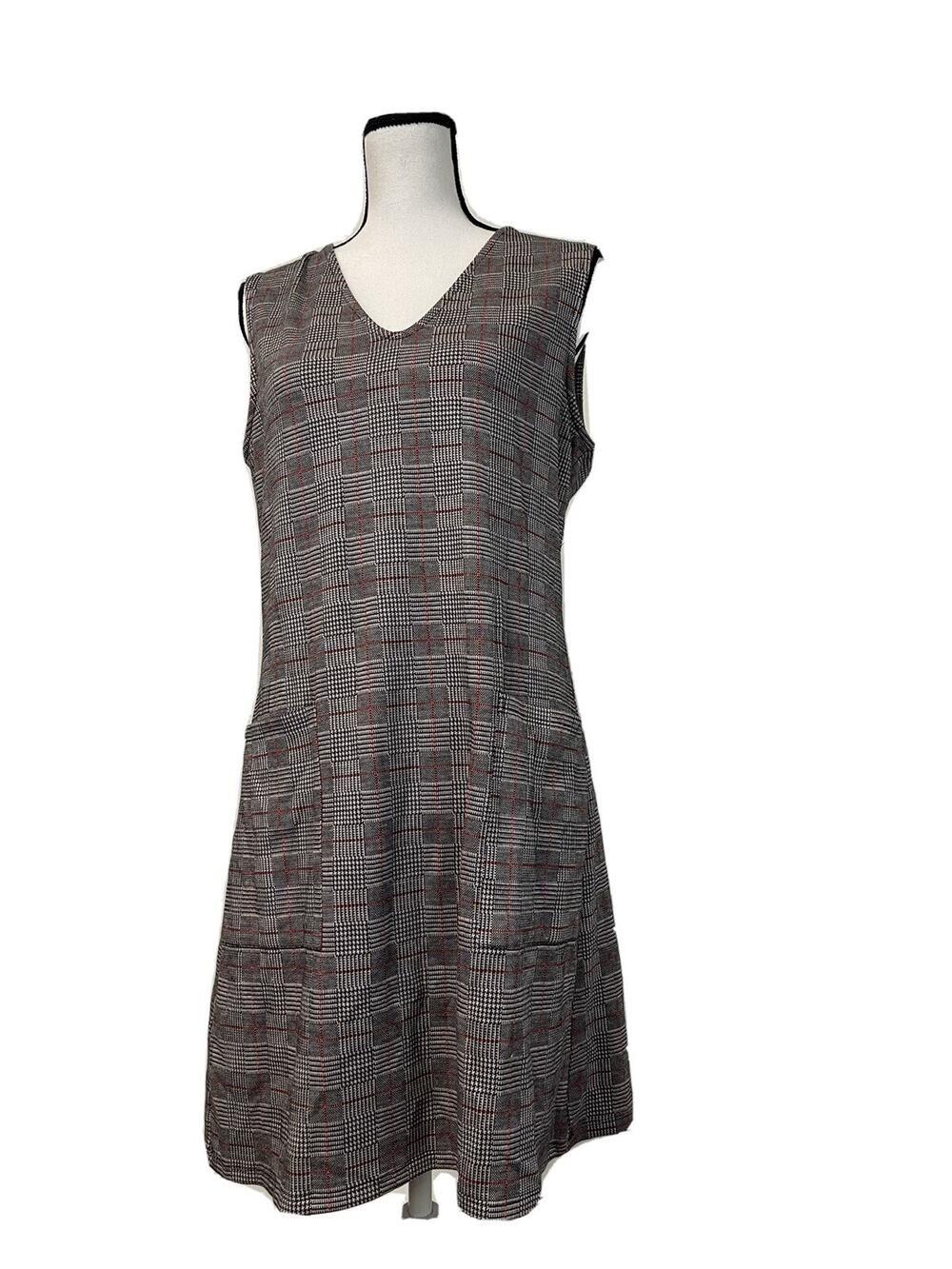 Spring A Line Dress Womens 10 Gray Shift Plaid Sleeveless V Neck N135